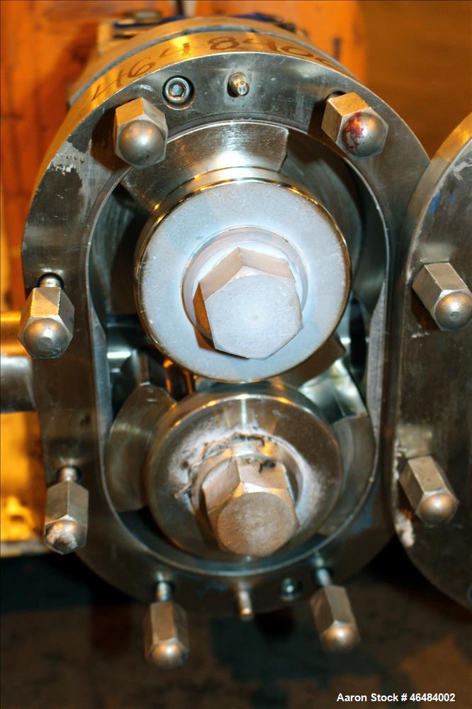 Used Waukesha Rotary Positive Displacement Pump, Model 030U2, 316 Stainless Steel. Approximately 36 gallons per minute at 250 psi maximum pressure at 600 rpm capacity, 0.060 gallon displacement per r...