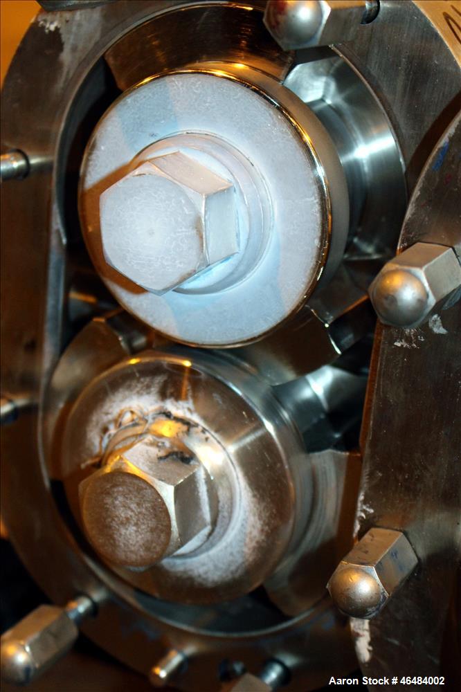 Used Waukesha Rotary Positive Displacement Pump, Model 030U2, 316 Stainless Steel. Approximately 36 gallons per minute at 250 psi maximum pressure at 600 rpm capacity, 0.060 gallon displacement per r...