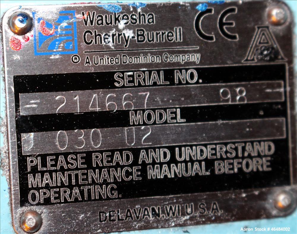 Used Waukesha Rotary Positive Displacement Pump, Model 030U2, 316 Stainless Steel. Approximately 36 gallons per minute at 250 psi maximum pressure at 600 rpm capacity, 0.060 gallon displacement per r...