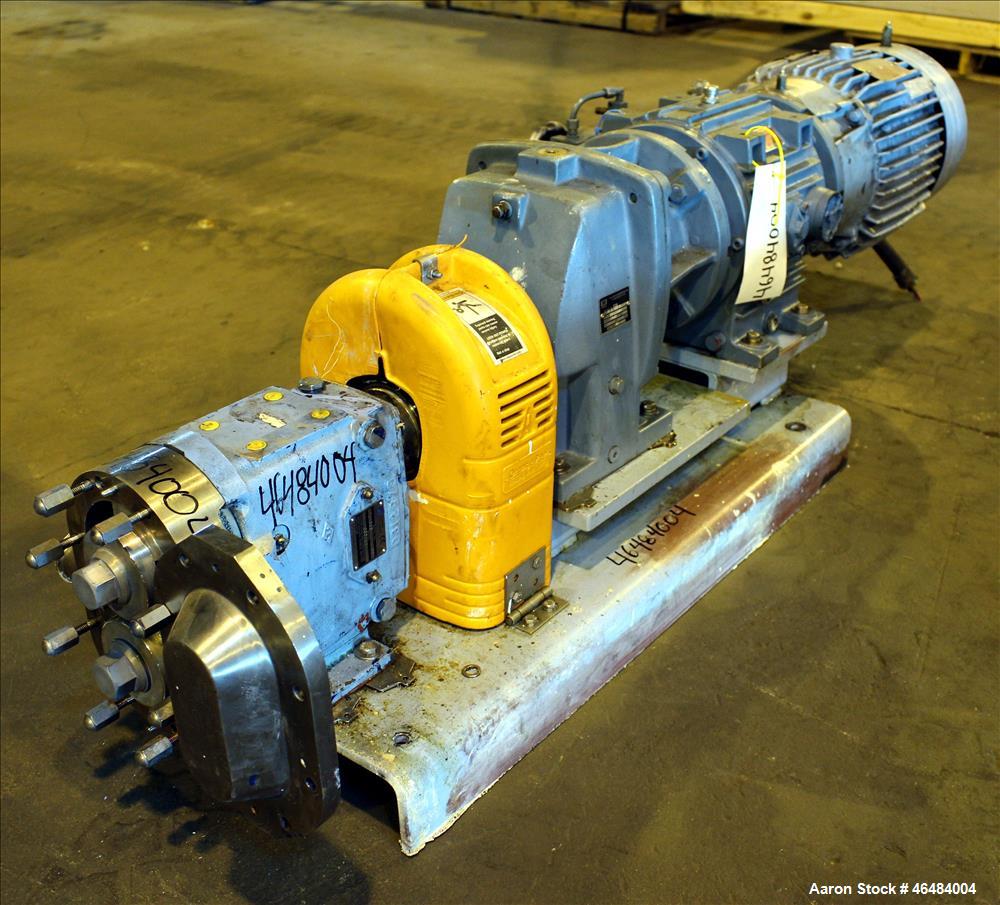 Used Waukesha Rotary Positive Displacement Pump, Model 030U2, 316 Stainless Steel. Approximately 36 gallons per minute at 250 psi maximum pressure at 600 rpm capacity, 0.060 gallon displacement per r...