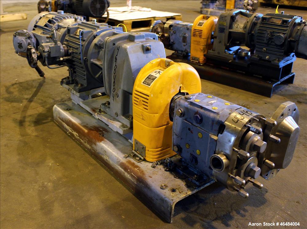 Used Waukesha Rotary Positive Displacement Pump, Model 030U2, 316 Stainless Steel. Approximately 36 gallons per minute at 250 psi maximum pressure at 600 rpm capacity, 0.060 gallon displacement per r...