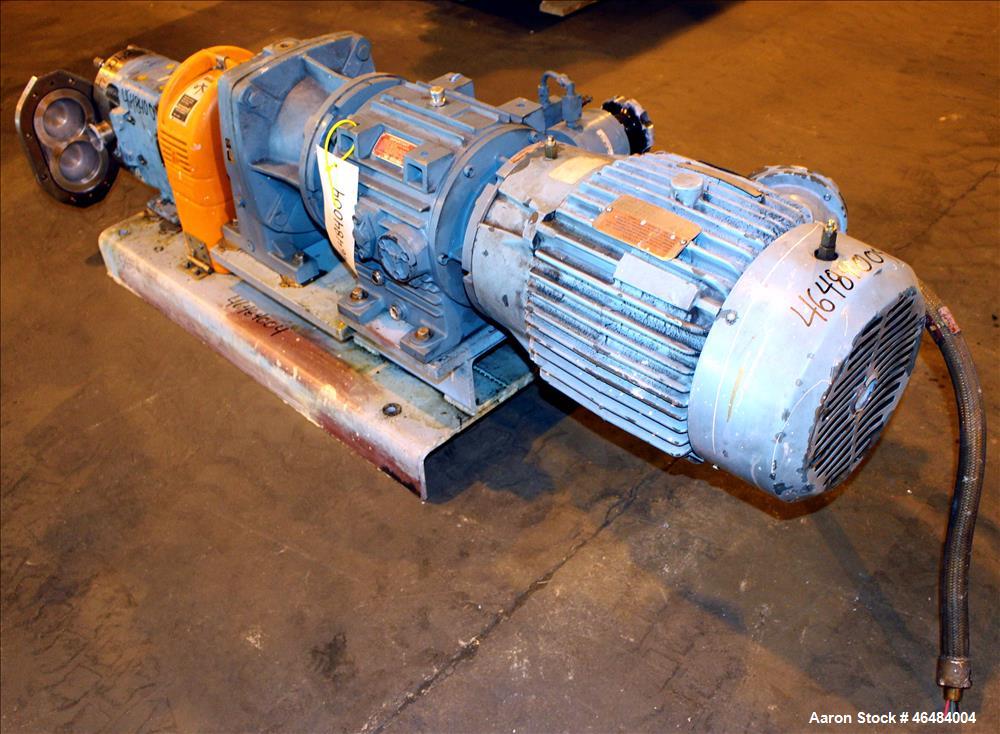 Used Waukesha Rotary Positive Displacement Pump, Model 030U2, 316 Stainless Steel. Approximately 36 gallons per minute at 250 psi maximum pressure at 600 rpm capacity, 0.060 gallon displacement per r...