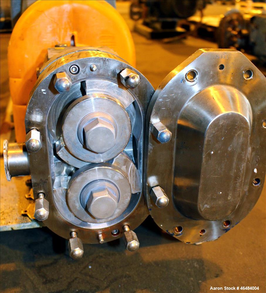 Used Waukesha Rotary Positive Displacement Pump, Model 030U2, 316 Stainless Steel. Approximately 36 gallons per minute at 250 psi maximum pressure at 600 rpm capacity, 0.060 gallon displacement per r...