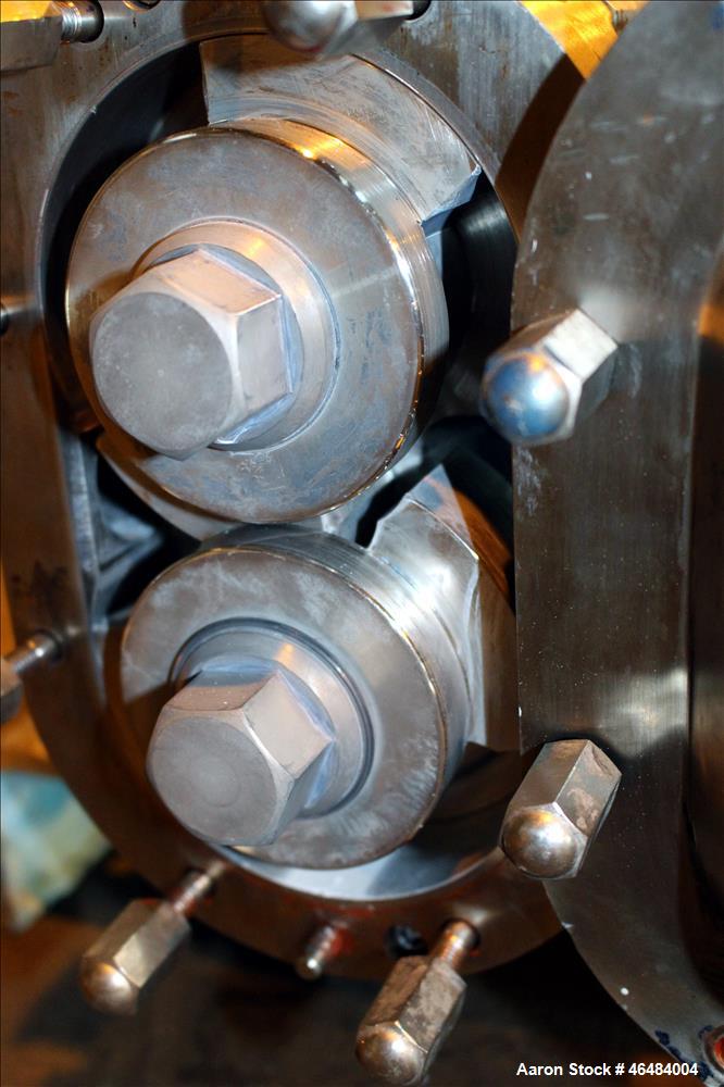 Used Waukesha Rotary Positive Displacement Pump, Model 030U2, 316 Stainless Steel. Approximately 36 gallons per minute at 250 psi maximum pressure at 600 rpm capacity, 0.060 gallon displacement per r...