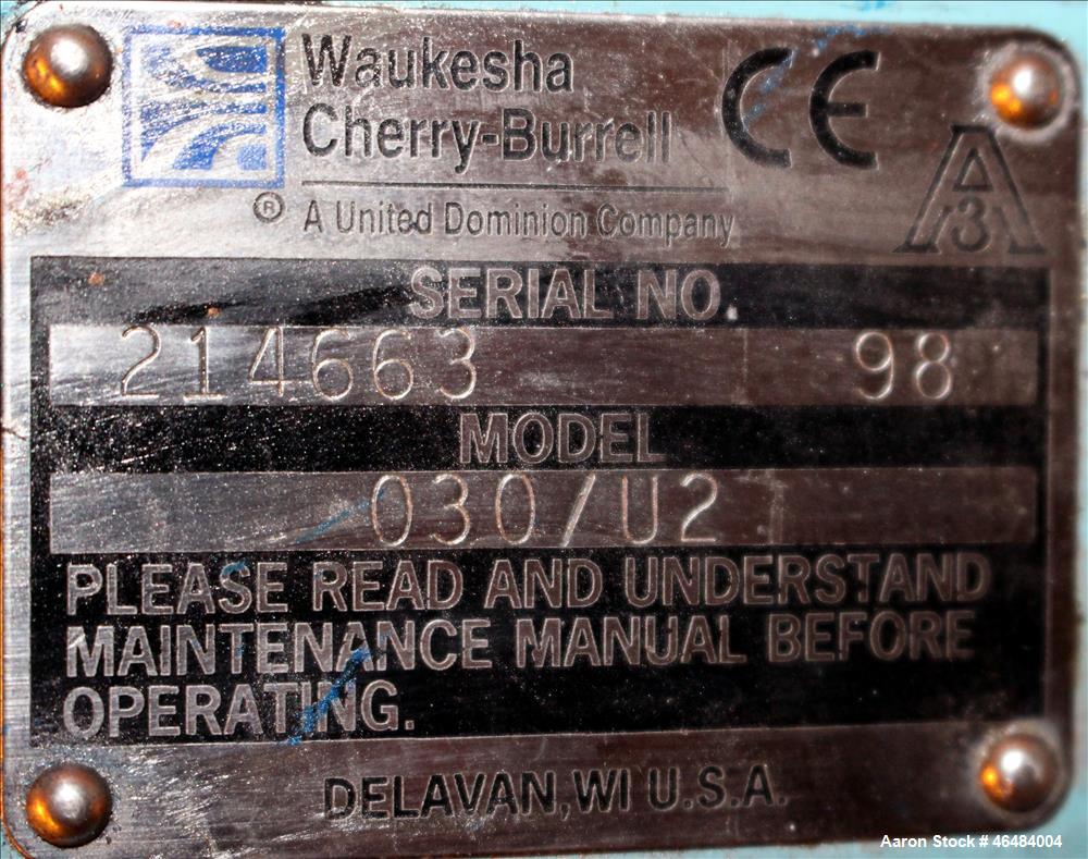 Used Waukesha Rotary Positive Displacement Pump, Model 030U2, 316 Stainless Steel. Approximately 36 gallons per minute at 250 psi maximum pressure at 600 rpm capacity, 0.060 gallon displacement per r...