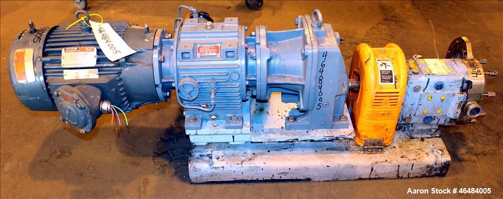 Used Waukesha Rotary Positive Displacement Pump, Model 030U2, 316 Stainless Steel. Approximately 36 gallons per minute at 250 psi maximum pressure at 600 rpm capacity, 0.060 gallon displacement per r...