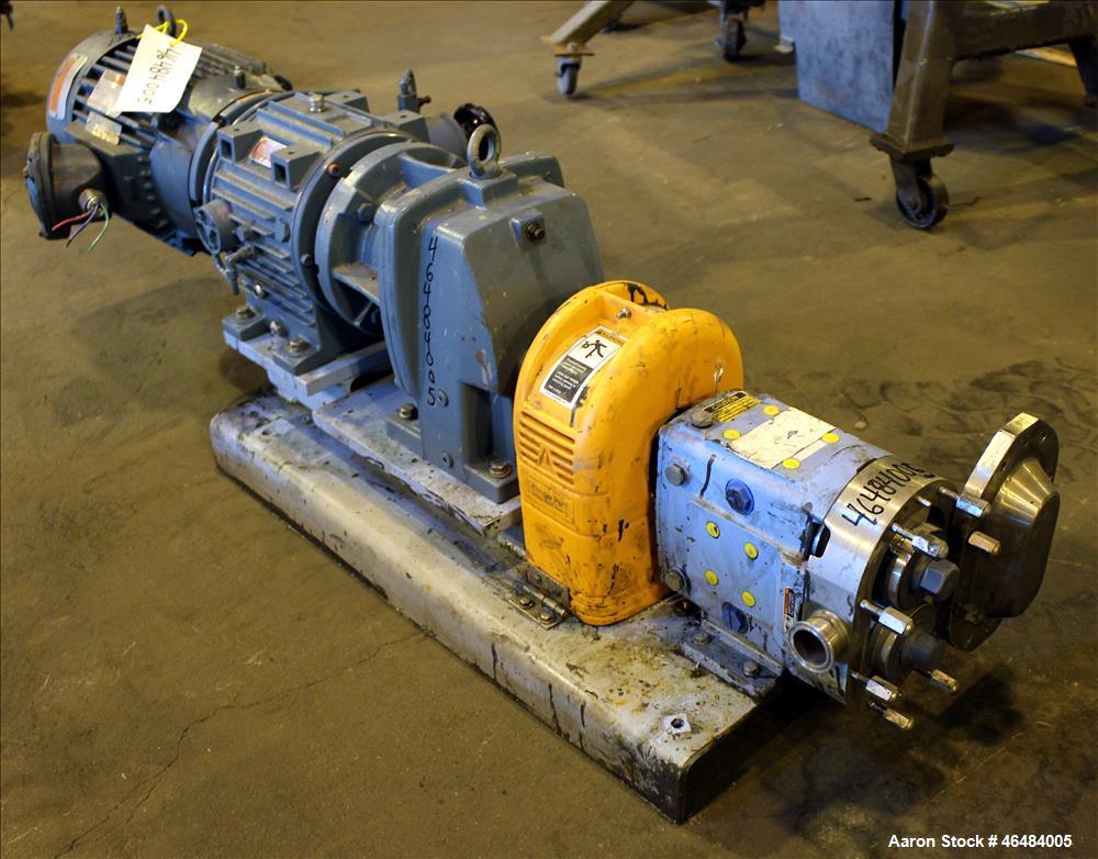 Used Waukesha Rotary Positive Displacement Pump, Model 030U2, 316 Stainless Steel. Approximately 36 gallons per minute at 250 psi maximum pressure at 600 rpm capacity, 0.060 gallon displacement per r...