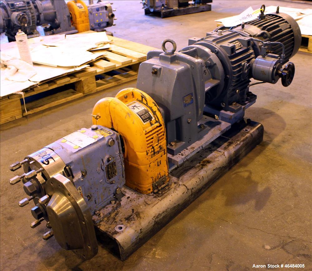 Used Waukesha Rotary Positive Displacement Pump, Model 030U2, 316 Stainless Steel. Approximately 36 gallons per minute at 250 psi maximum pressure at 600 rpm capacity, 0.060 gallon displacement per r...