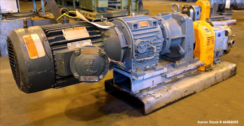 Used Waukesha Rotary Positive Displacement Pump, Model 030U2, 316 Stainless Steel. Approximately 36 gallons per minute at 250 psi maximum pressure at 600 rpm capacity, 0.060 gallon displacement per r...