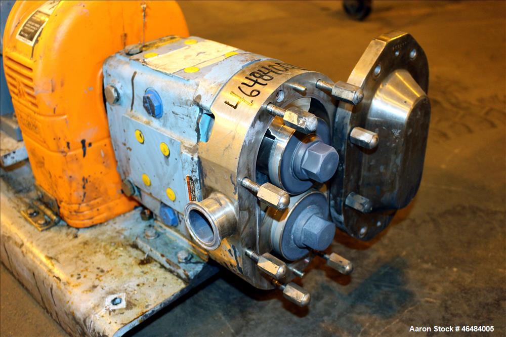 Used Waukesha Rotary Positive Displacement Pump, Model 030U2, 316 Stainless Steel. Approximately 36 gallons per minute at 250 psi maximum pressure at 600 rpm capacity, 0.060 gallon displacement per r...