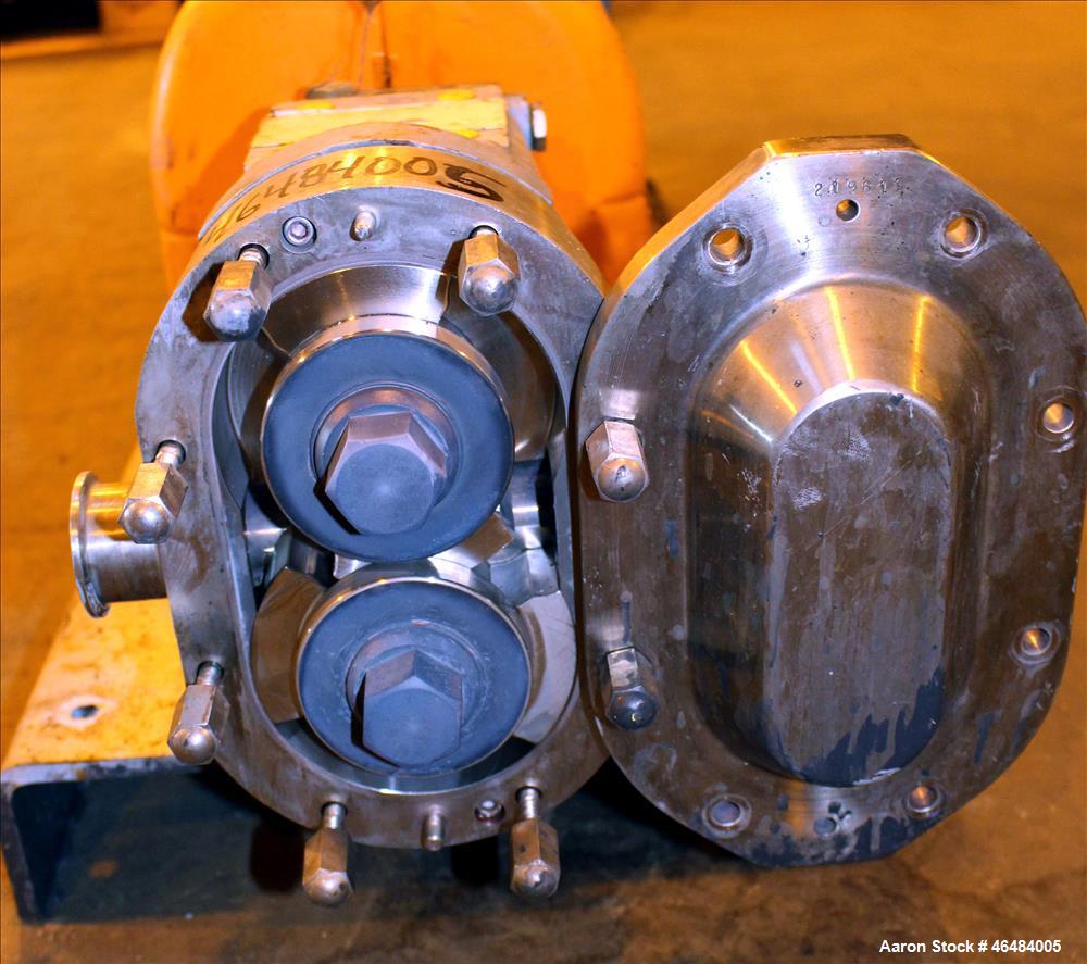 Used Waukesha Rotary Positive Displacement Pump, Model 030U2, 316 Stainless Steel. Approximately 36 gallons per minute at 250 psi maximum pressure at 600 rpm capacity, 0.060 gallon displacement per r...