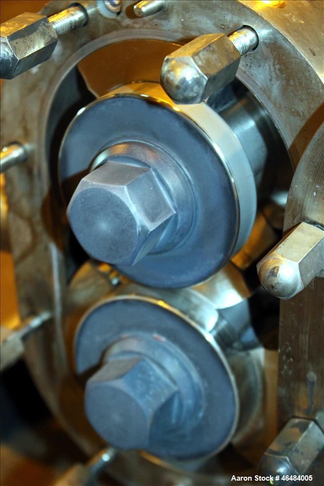 Used Waukesha Rotary Positive Displacement Pump, Model 030U2, 316 Stainless Steel. Approximately 36 gallons per minute at 250 psi maximum pressure at 600 rpm capacity, 0.060 gallon displacement per r...