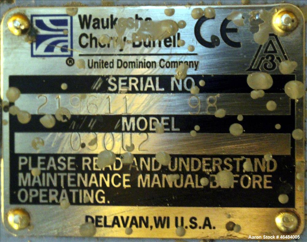 Used Waukesha Rotary Positive Displacement Pump, Model 030U2, 316 Stainless Steel. Approximately 36 gallons per minute at 250 psi maximum pressure at 600 rpm capacity, 0.060 gallon displacement per r...