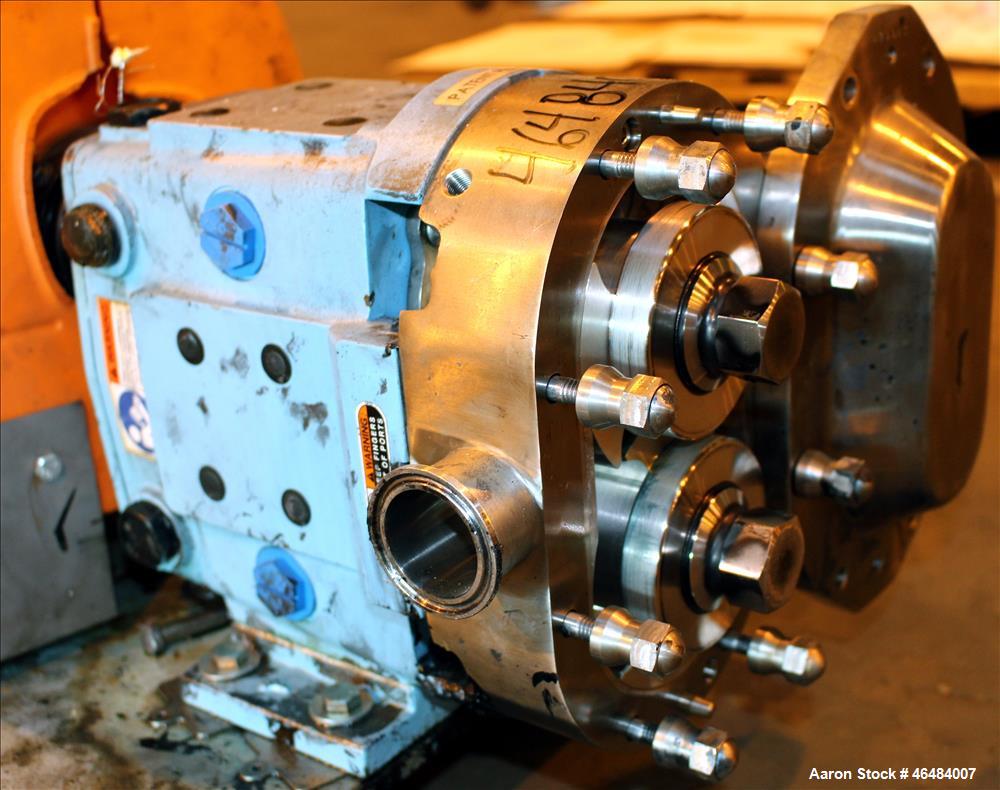Used Waukesha Rotary Positive Displacement Pump, Model 030U2, 316 Stainless Steel. Approximately 36 gallons per minute at 250 psi maximum pressure at 600 rpm capacity, 0.060 gallon displacement per r...