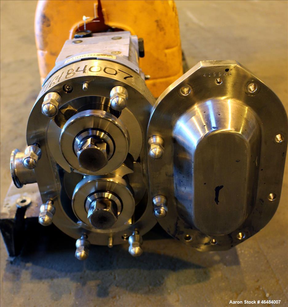 Used Waukesha Rotary Positive Displacement Pump, Model 030U2, 316 Stainless Steel. Approximately 36 gallons per minute at 250 psi maximum pressure at 600 rpm capacity, 0.060 gallon displacement per r...