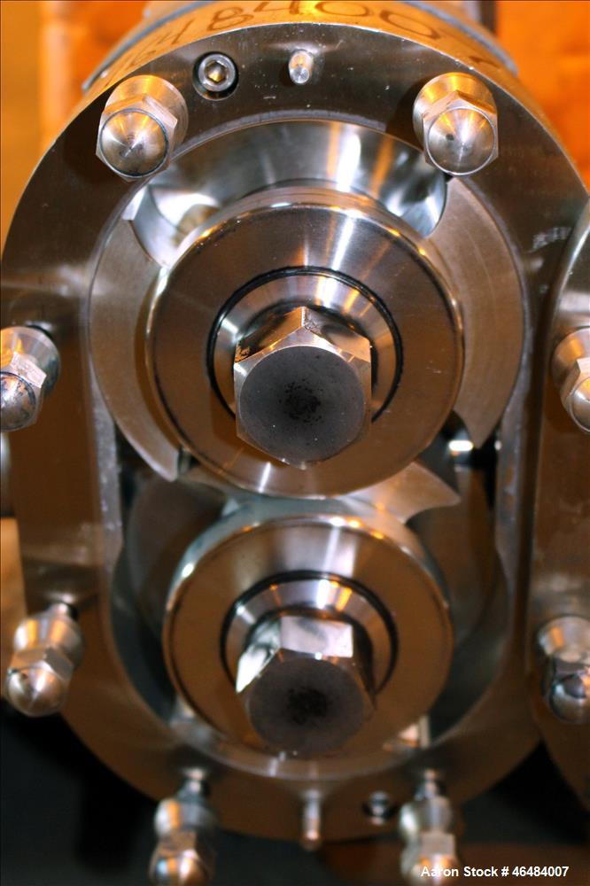 Used Waukesha Rotary Positive Displacement Pump, Model 030U2, 316 Stainless Steel. Approximately 36 gallons per minute at 250 psi maximum pressure at 600 rpm capacity, 0.060 gallon displacement per r...