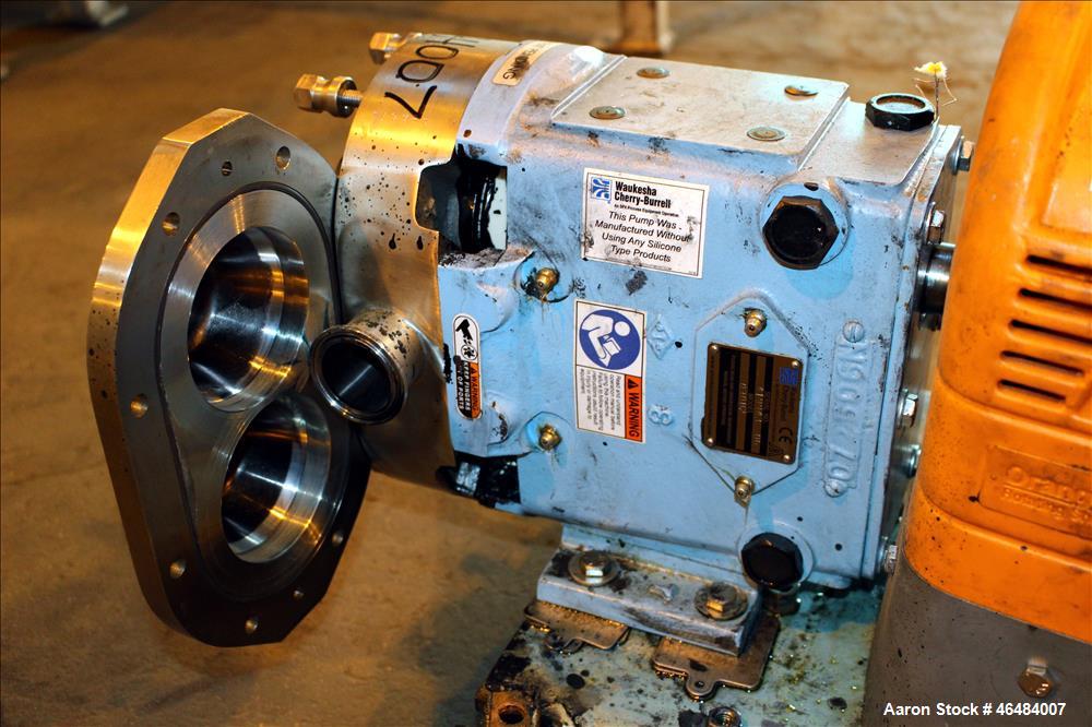 Used Waukesha Rotary Positive Displacement Pump, Model 030U2, 316 Stainless Steel. Approximately 36 gallons per minute at 250 psi maximum pressure at 600 rpm capacity, 0.060 gallon displacement per r...