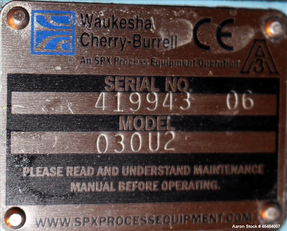 Used Waukesha Rotary Positive Displacement Pump, Model 030U2, 316 Stainless Steel. Approximately 36 gallons per minute at 250 psi maximum pressure at 600 rpm capacity, 0.060 gallon displacement per r...