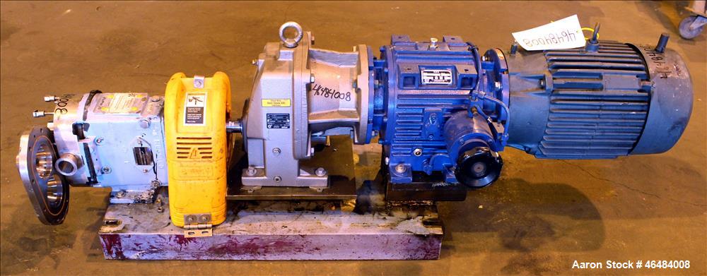 Used Waukesha Rotary Positive Displacement Pump, Model 030U2, 316 Stainless Steel. Approximately 36 gallons per minute at 250 psi maximum pressure at 600 rpm capacity, 0.060 gallon displacement per r...