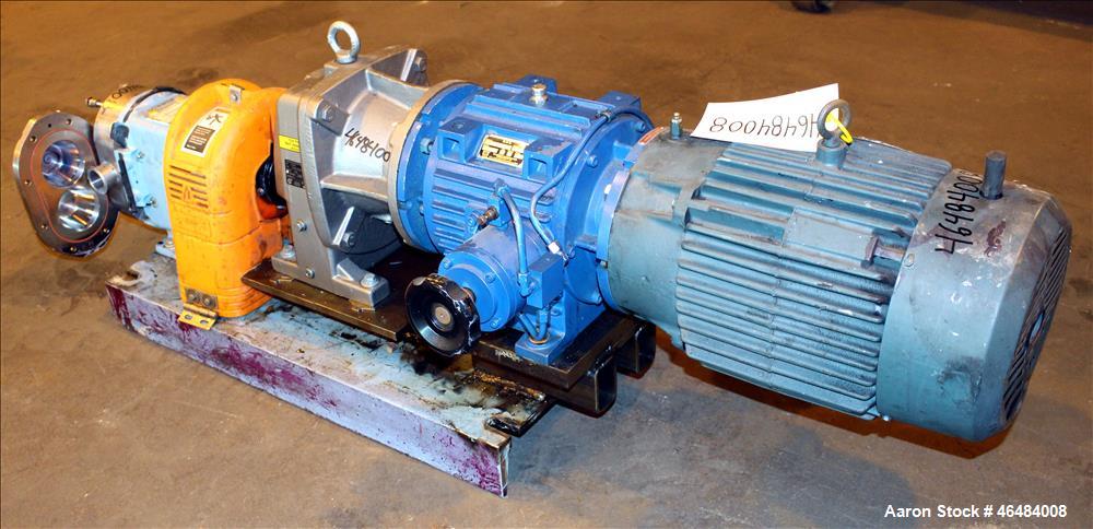 Used Waukesha Rotary Positive Displacement Pump, Model 030U2, 316 Stainless Steel. Approximately 36 gallons per minute at 250 psi maximum pressure at 600 rpm capacity, 0.060 gallon displacement per r...