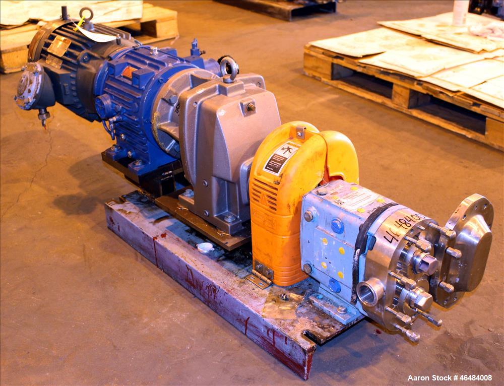 Used Waukesha Rotary Positive Displacement Pump, Model 030U2, 316 Stainless Steel. Approximately 36 gallons per minute at 250 psi maximum pressure at 600 rpm capacity, 0.060 gallon displacement per r...
