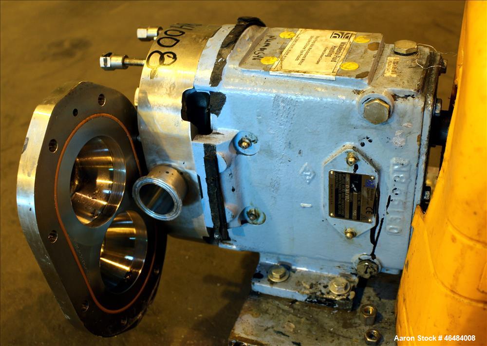 Used Waukesha Rotary Positive Displacement Pump, Model 030U2, 316 Stainless Steel. Approximately 36 gallons per minute at 250 psi maximum pressure at 600 rpm capacity, 0.060 gallon displacement per r...