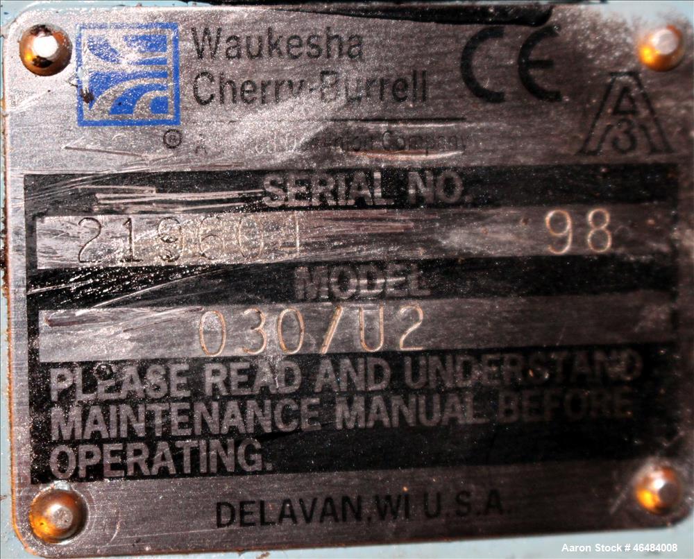 Used Waukesha Rotary Positive Displacement Pump, Model 030U2, 316 Stainless Steel. Approximately 36 gallons per minute at 250 psi maximum pressure at 600 rpm capacity, 0.060 gallon displacement per r...