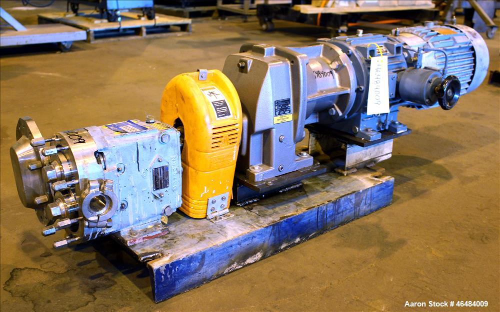 Used Waukesha Rotary Positive Displacement Pump, Model 030U2, 316 Stainless Steel. Approximately 36 gallons per minute at 250 psi maximum pressure at 600 rpm capacity, 0.060 gallon displacement per r...