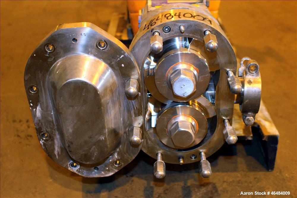 Used Waukesha Rotary Positive Displacement Pump, Model 030U2, 316 Stainless Steel. Approximately 36 gallons per minute at 250 psi maximum pressure at 600 rpm capacity, 0.060 gallon displacement per r...