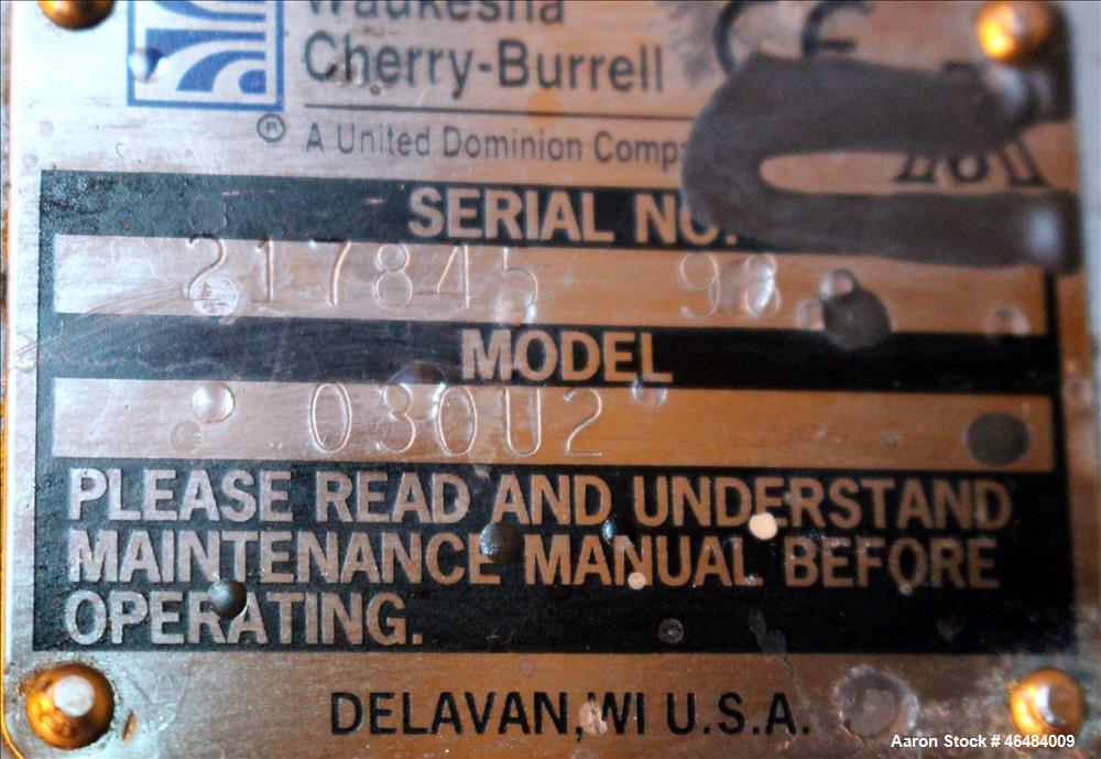 Used Waukesha Rotary Positive Displacement Pump, Model 030U2, 316 Stainless Steel. Approximately 36 gallons per minute at 250 psi maximum pressure at 600 rpm capacity, 0.060 gallon displacement per r...