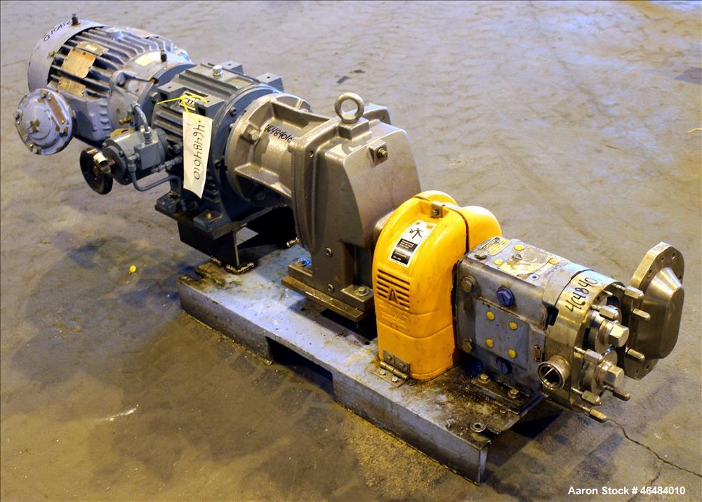 Used Waukesha Rotary Positive Displacement Pump, Model 030U2, 316 Stainless Steel. Approximately 36 gallons per minute at 250 psi maximum pressure at 600 rpm capacity, 0.060 gallon displacement per r...