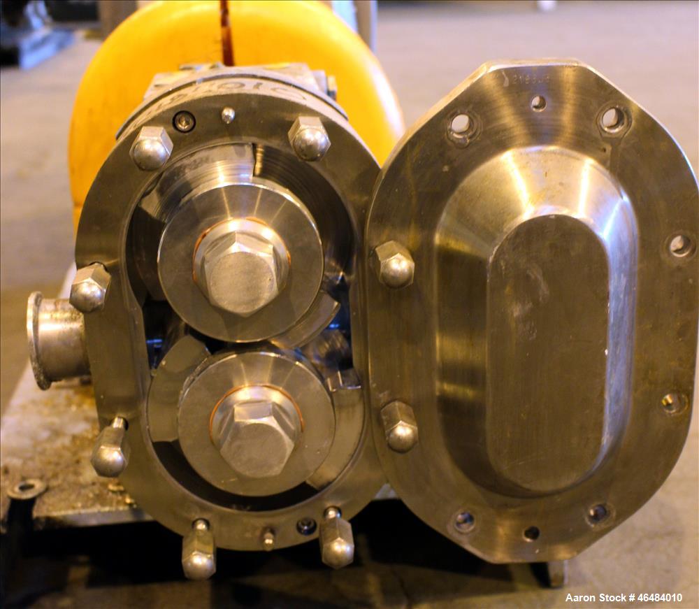 Used Waukesha Rotary Positive Displacement Pump, Model 030U2, 316 Stainless Steel. Approximately 36 gallons per minute at 250 psi maximum pressure at 600 rpm capacity, 0.060 gallon displacement per r...