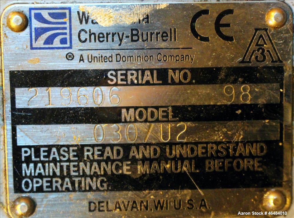 Used Waukesha Rotary Positive Displacement Pump, Model 030U2, 316 Stainless Steel. Approximately 36 gallons per minute at 250 psi maximum pressure at 600 rpm capacity, 0.060 gallon displacement per r...
