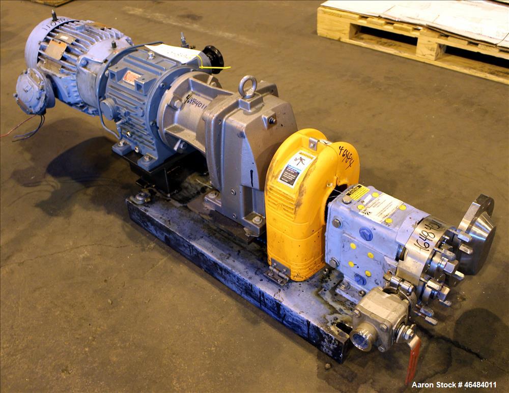 Used Waukesha Rotary Positive Displacement Pump, Model 030U2, 316 Stainless Steel. Approximately 36 gallons per minute at 250 psi maximum pressure at 600 rpm capacity, 0.060 gallon displacement per r...