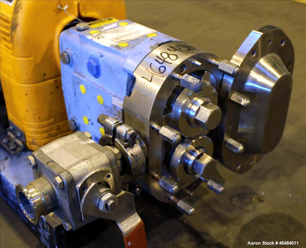 Used Waukesha Rotary Positive Displacement Pump, Model 030U2, 316 Stainless Steel. Approximately 36 gallons per minute at 250 psi maximum pressure at 600 rpm capacity, 0.060 gallon displacement per r...