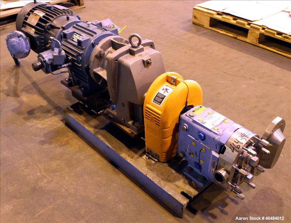 Used Waukesha Rotary Positive Displacement Pump, Model 030U2, 316 Stainless Steel. Approximately 36 gallons per minute at 250 psi maximum pressure at 600 rpm capacity, 0.060 gallon displacement per r...