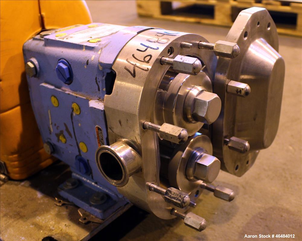 Used Waukesha Rotary Positive Displacement Pump, Model 030U2, 316 Stainless Steel. Approximately 36 gallons per minute at 250 psi maximum pressure at 600 rpm capacity, 0.060 gallon displacement per r...