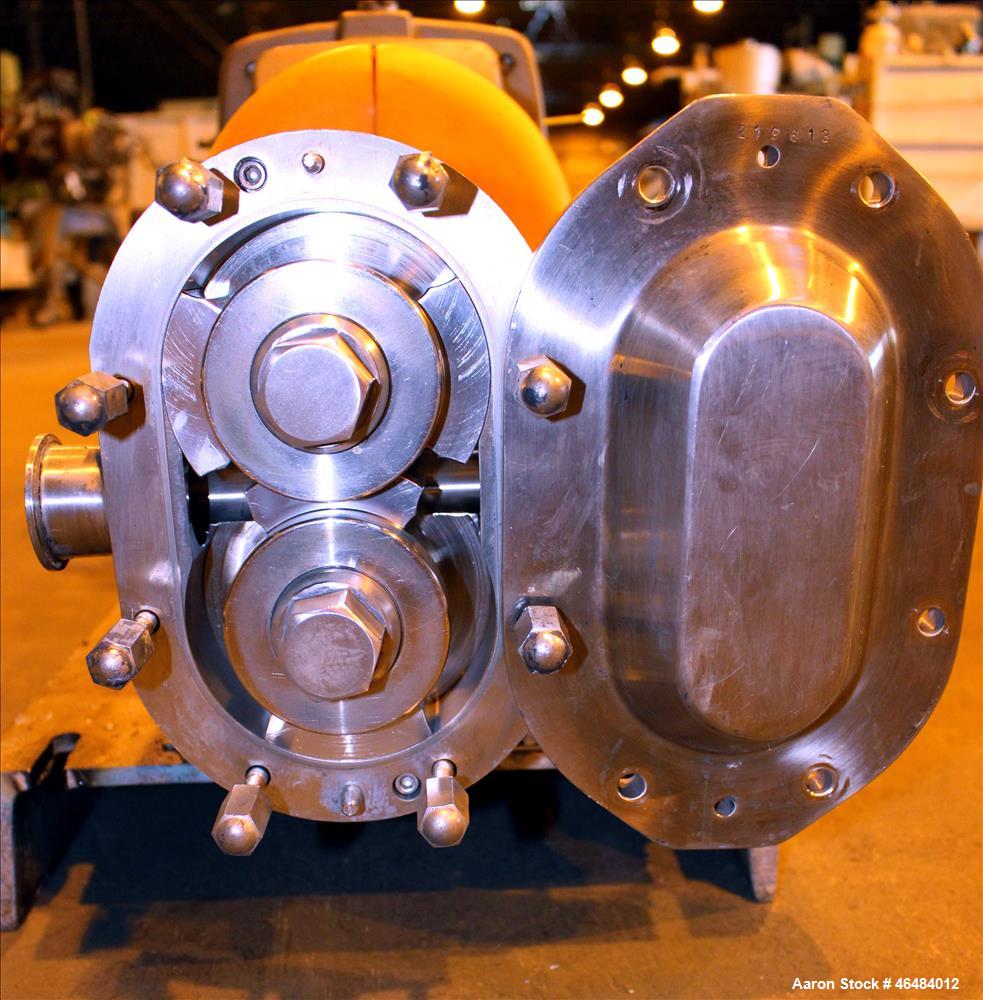Used Waukesha Rotary Positive Displacement Pump, Model 030U2, 316 Stainless Steel. Approximately 36 gallons per minute at 250 psi maximum pressure at 600 rpm capacity, 0.060 gallon displacement per r...
