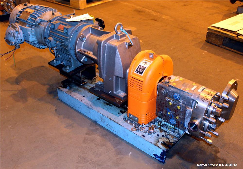 Used Waukesha Rotary Positive Displacement Pump, Model 030U2, 316 Stainless Steel. Approximately 36 gallons per minute at 250 psi maximum pressure at 600 rpm capacity, 0.060 gallon displacement per r...