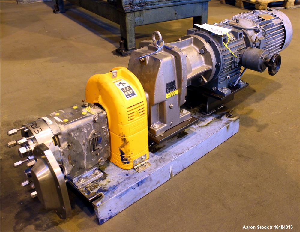Used Waukesha Rotary Positive Displacement Pump, Model 030U2, 316 Stainless Steel. Approximately 36 gallons per minute at 250 psi maximum pressure at 600 rpm capacity, 0.060 gallon displacement per r...
