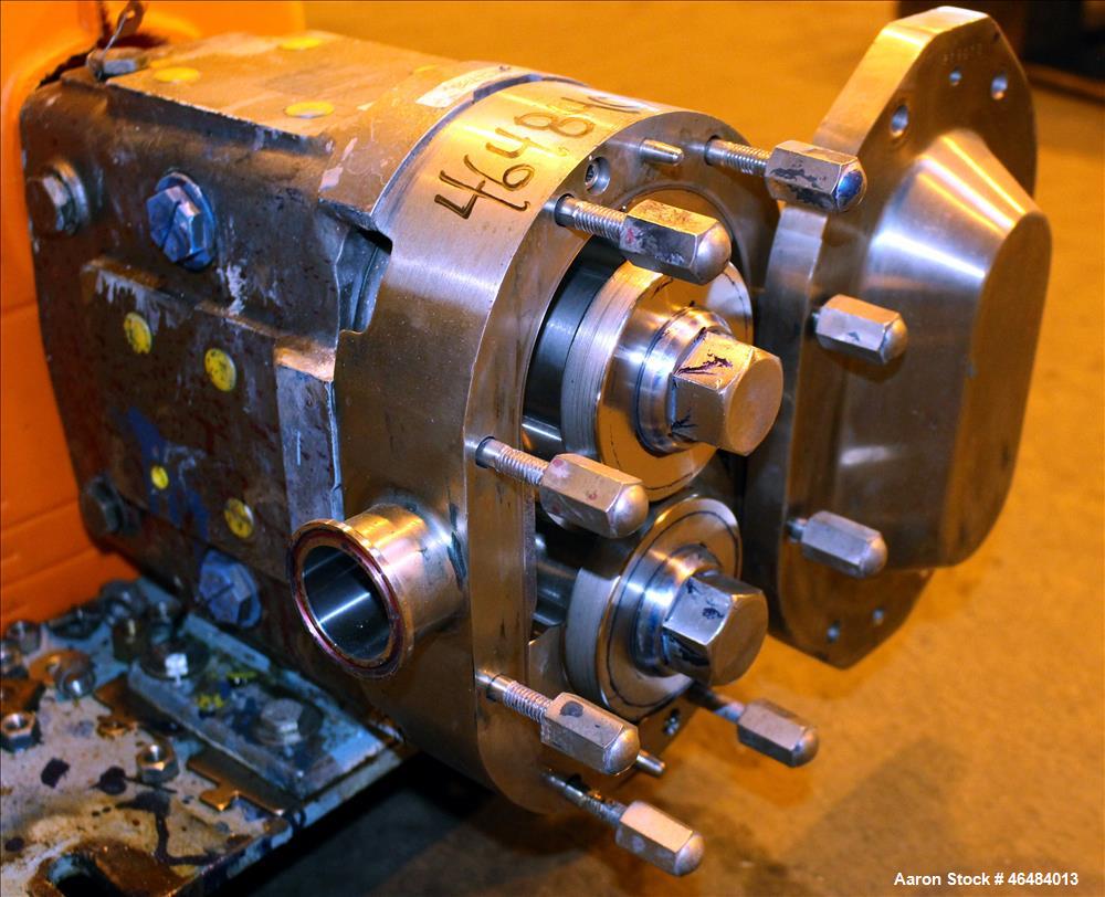 Used Waukesha Rotary Positive Displacement Pump, Model 030U2, 316 Stainless Steel. Approximately 36 gallons per minute at 250 psi maximum pressure at 600 rpm capacity, 0.060 gallon displacement per r...