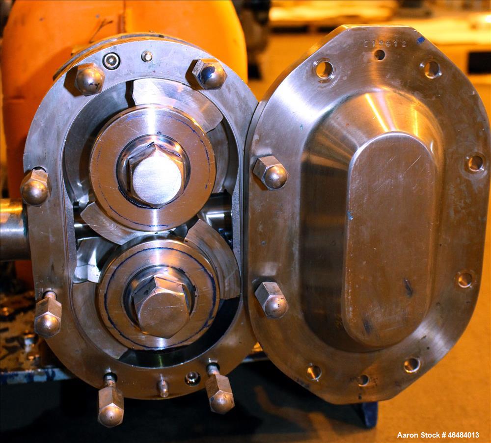 Used Waukesha Rotary Positive Displacement Pump, Model 030U2, 316 Stainless Steel. Approximately 36 gallons per minute at 250 psi maximum pressure at 600 rpm capacity, 0.060 gallon displacement per r...