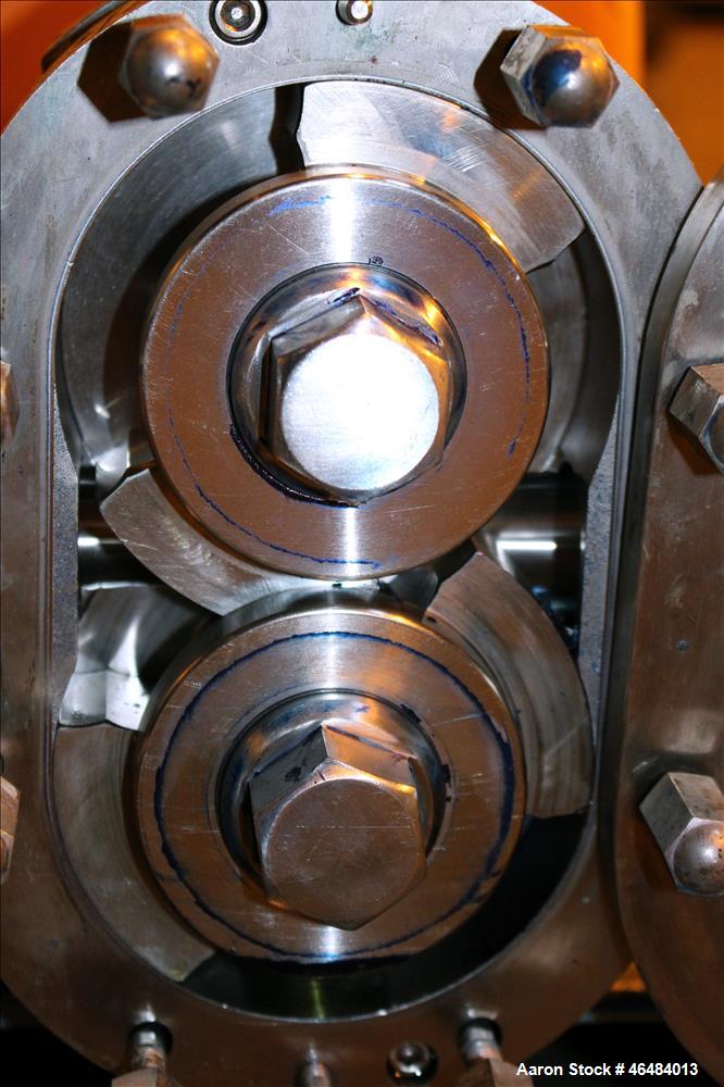 Used Waukesha Rotary Positive Displacement Pump, Model 030U2, 316 Stainless Steel. Approximately 36 gallons per minute at 250 psi maximum pressure at 600 rpm capacity, 0.060 gallon displacement per r...