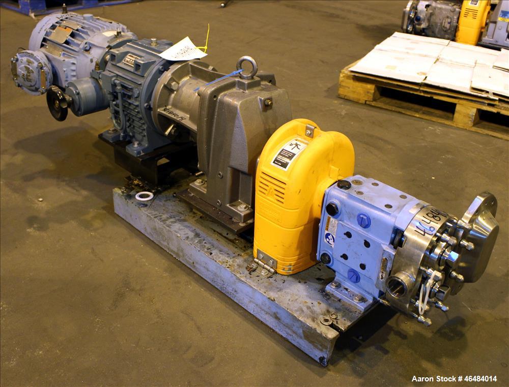 Used Waukesha Rotary Positive Displacement Pump, Model 030U2, 316 Stainless Steel. Approximately 36 gallons per minute at 250 psi maximum pressure at 600 rpm capacity, 0.060 gallon displacement per r...