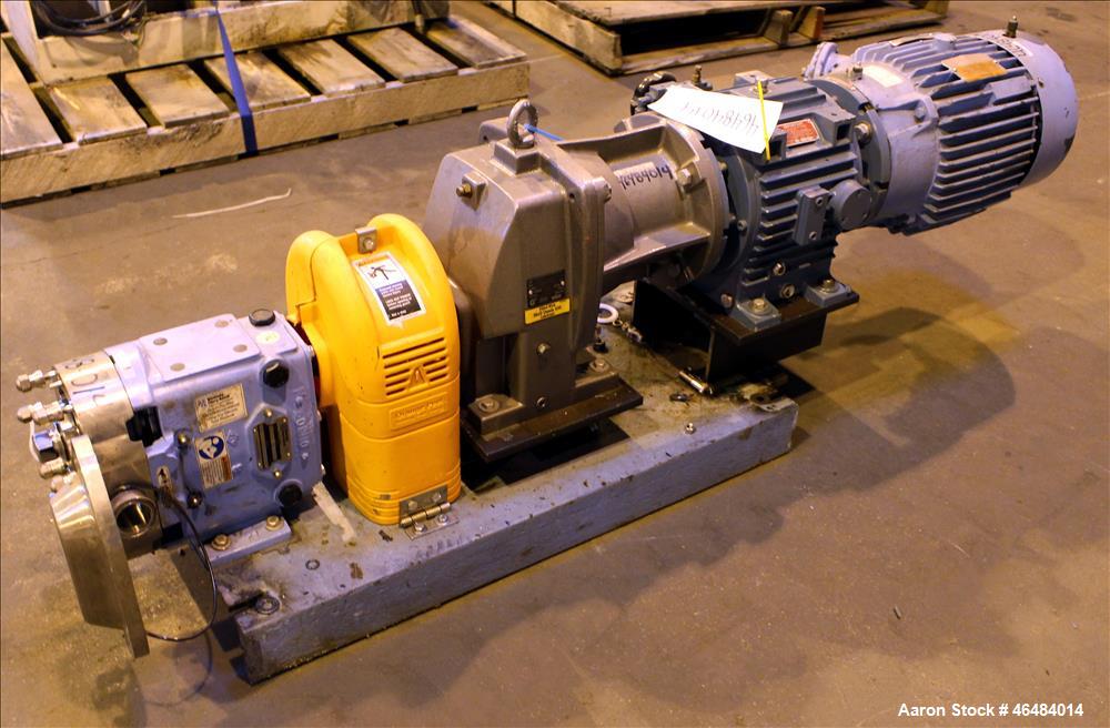 Used Waukesha Rotary Positive Displacement Pump, Model 030U2, 316 Stainless Steel. Approximately 36 gallons per minute at 250 psi maximum pressure at 600 rpm capacity, 0.060 gallon displacement per r...
