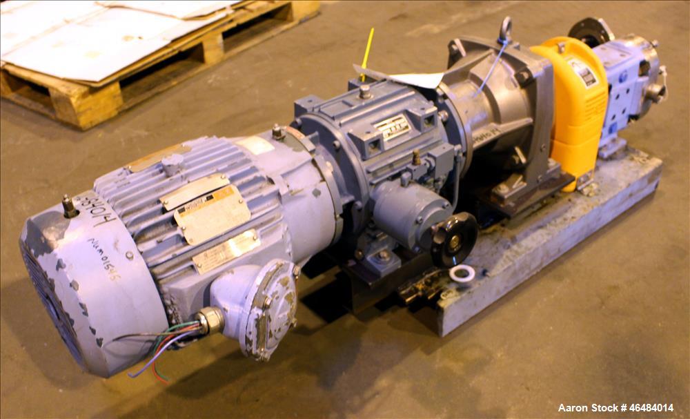 Used Waukesha Rotary Positive Displacement Pump, Model 030U2, 316 Stainless Steel. Approximately 36 gallons per minute at 250 psi maximum pressure at 600 rpm capacity, 0.060 gallon displacement per r...