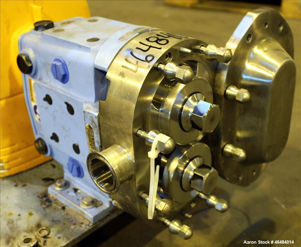 Used Waukesha Rotary Positive Displacement Pump, Model 030U2, 316 Stainless Steel. Approximately 36 gallons per minute at 250 psi maximum pressure at 600 rpm capacity, 0.060 gallon displacement per r...