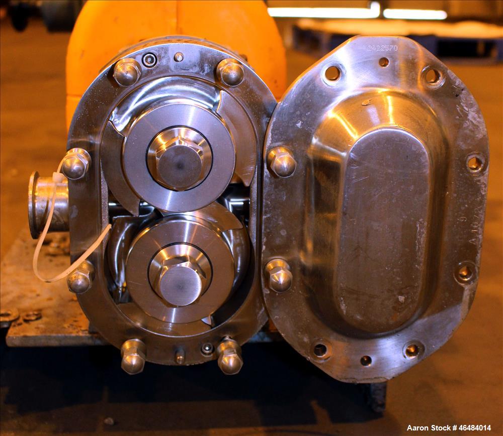 Used Waukesha Rotary Positive Displacement Pump, Model 030U2, 316 Stainless Steel. Approximately 36 gallons per minute at 250 psi maximum pressure at 600 rpm capacity, 0.060 gallon displacement per r...
