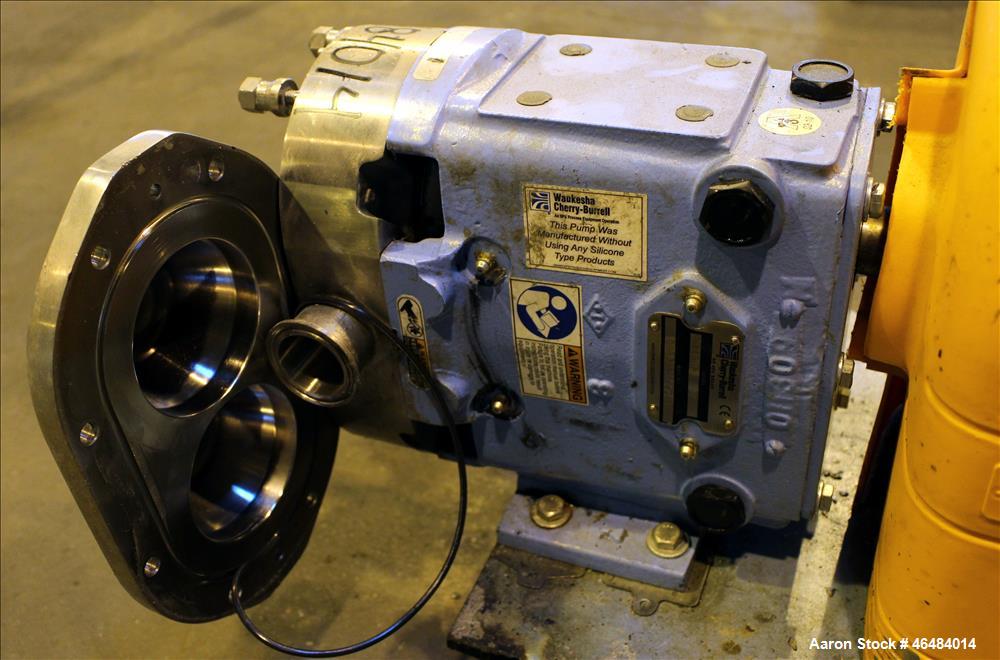 Used Waukesha Rotary Positive Displacement Pump, Model 030U2, 316 Stainless Steel. Approximately 36 gallons per minute at 250 psi maximum pressure at 600 rpm capacity, 0.060 gallon displacement per r...
