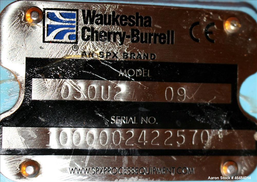 Used Waukesha Rotary Positive Displacement Pump, Model 030U2, 316 Stainless Steel. Approximately 36 gallons per minute at 250 psi maximum pressure at 600 rpm capacity, 0.060 gallon displacement per r...